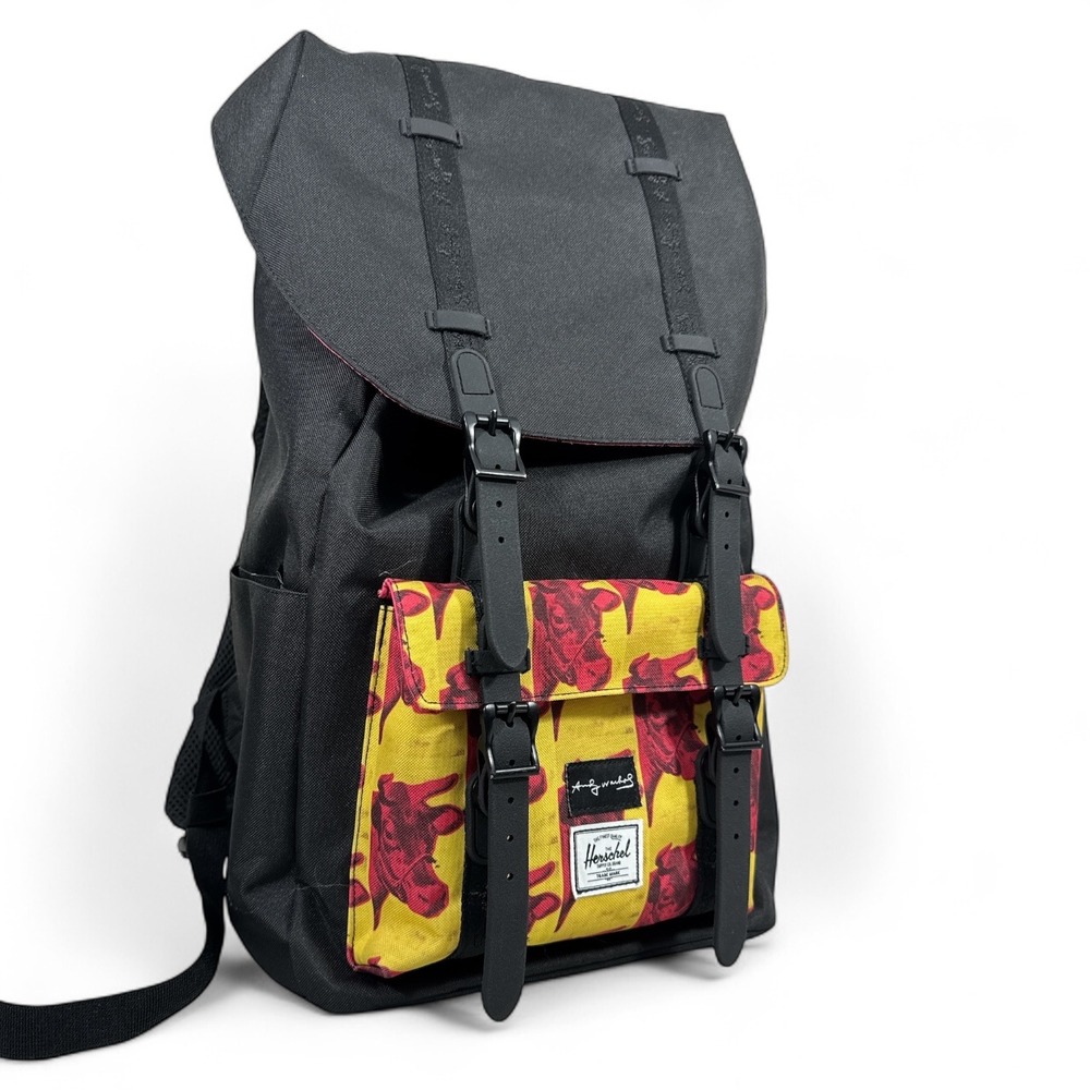 Herschel Supply Warhol Backpack Black Yellow Pink Cow Drawstring Snap Buckle EUC - Picture 13 of 14